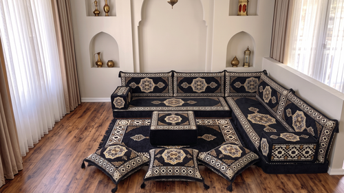4 Zoll dickes L-Sofa-Set, arabisches Ecksofa, L-förmiges marineblaues türkisches Sofa, orientalische Bodenkissen, arabischer Majlis, traditionelles Wohnzimmersofa, arabisches Jalsa-Set