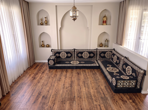 4 Zoll dickes L-Sofa-Set, arabisches Ecksofa, L-förmiges marineblaues türkisches Sofa, orientalische Bodenkissen, arabischer Majlis, traditionelles Wohnzimmersofa, arabisches Jalsa-Set