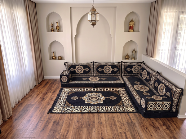4 Zoll dickes L-Sofa-Set, arabisches Ecksofa, L-förmiges marineblaues türkisches Sofa, orientalische Bodenkissen, arabischer Majlis, traditionelles Wohnzimmersofa, arabisches Jalsa-Set