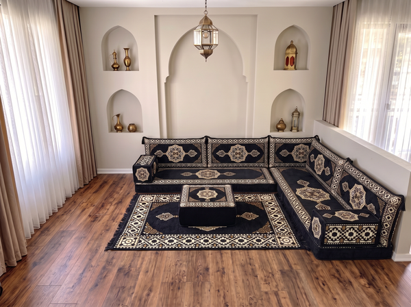 4 Zoll dickes L-Sofa-Set, arabisches Ecksofa, L-förmiges marineblaues türkisches Sofa, orientalische Bodenkissen, arabischer Majlis, traditionelles Wohnzimmersofa, arabisches Jalsa-Set