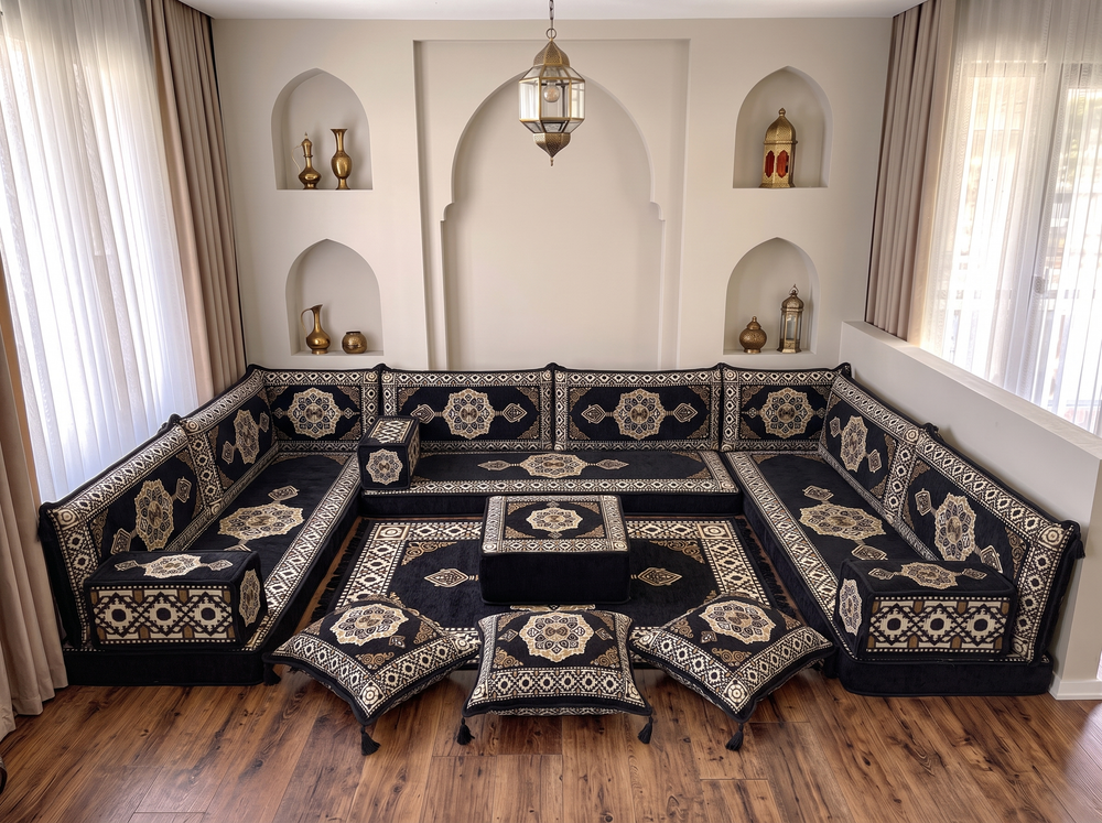 U-förmige bordeauxrote Bodenkissen, modernes arabisches Majlis-Set, Bodensofa-Set, ethnisches Sofa, arabische Jalsa, marokkanisches Sofa