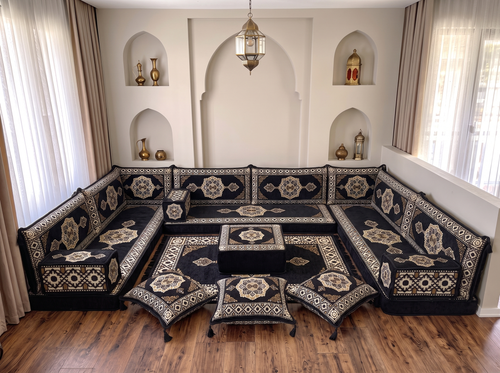 Black Moon Serenade: U Shaped Floor Sofa Set – Sectional Floor Sofa – Modular Floor Sofa – Arabic Living Room Furniture