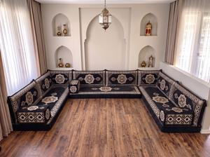 Black Moon Serenade: U Shaped Floor Sofa Set – Sectional Floor Sofa – Modular Floor Sofa – Arabic Living Room Furniture