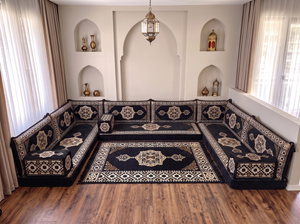 Black Moon Serenade: U Shaped Floor Sofa Set – Sectional Floor Sofa – Modular Floor Sofa – Arabic Living Room Furniture