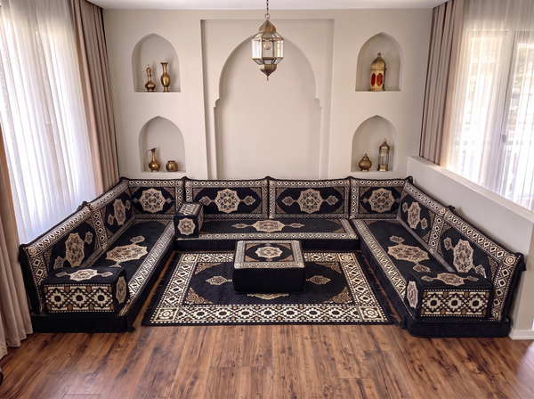 Black Moon Serenade: U Shaped Floor Sofa Set – Sectional Floor Sofa – Modular Floor Sofa – Arabic Living Room Furniture