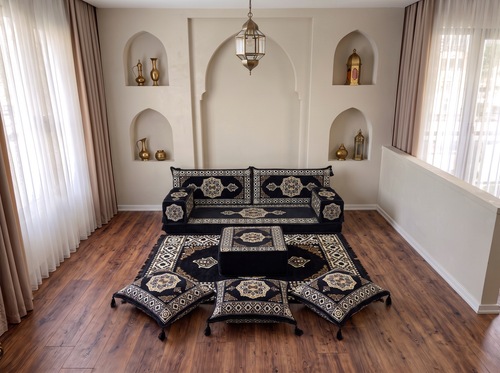 Marineblaues arabisches Sofa mit Ottomane und Teppich, Bodensitzkissen, Arabisches Jalsa-Set, Ecksofa, Arabische Sofagarnitur, Marokkanisches Sofa