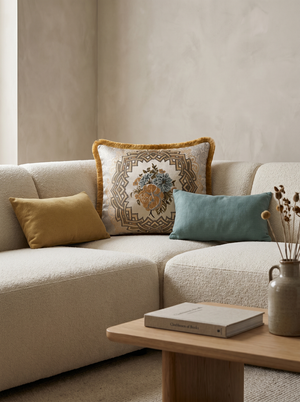 Bloom Quartet: Baroque Medallion Cushion Cover – Jacquard Lumbar – Ornate Pattern