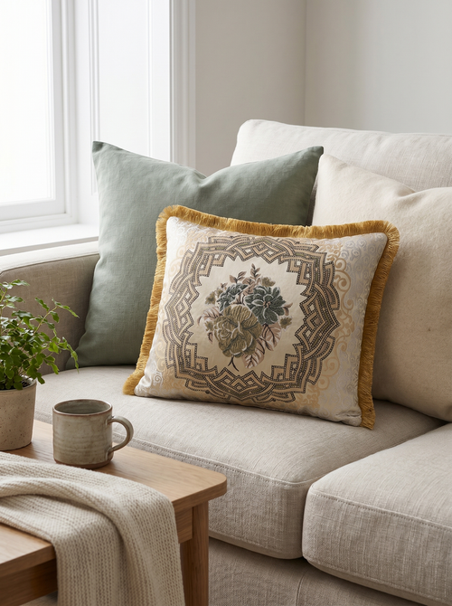 Bloom Quartet: Baroque Medallion Cushion Cover – Jacquard Lumbar – Ornate Pattern