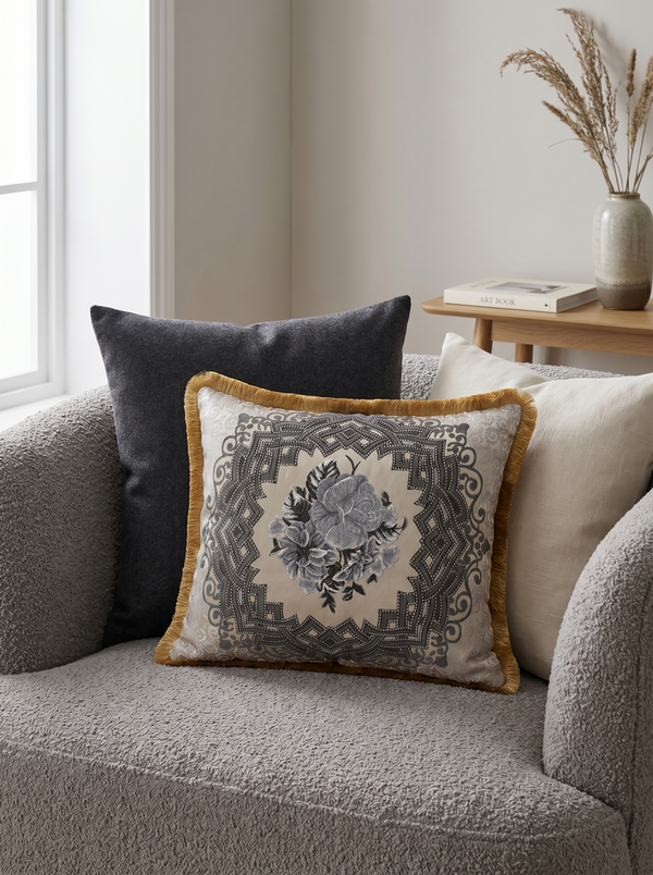 Bloom Quartet: Baroque Medallion Cushion Cover – Jacquard Lumbar – Ornate Pattern