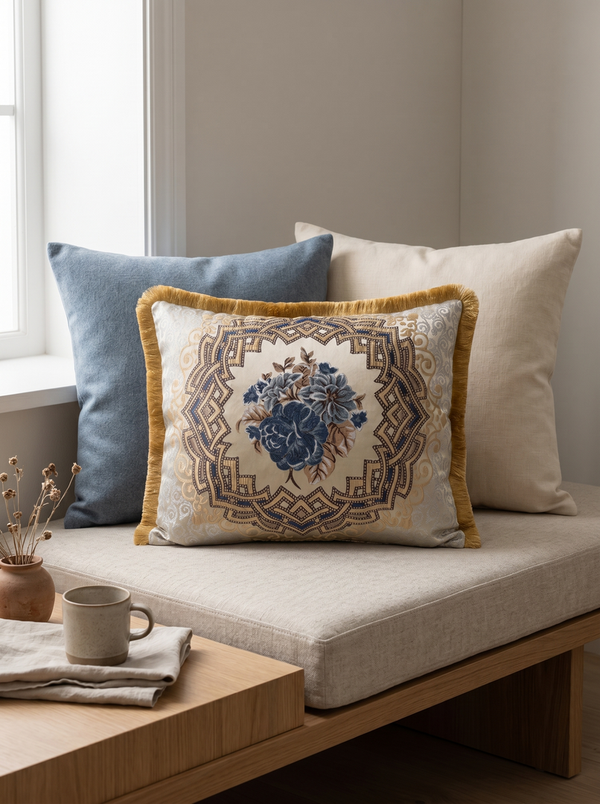 Bloom Quartet: Baroque Medallion Cushion Cover – Jacquard Lumbar – Ornate Pattern