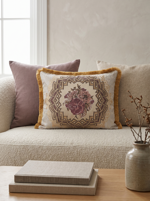 Bloom Quartet: Baroque Medallion Cushion Cover – Jacquard Lumbar – Ornate Pattern