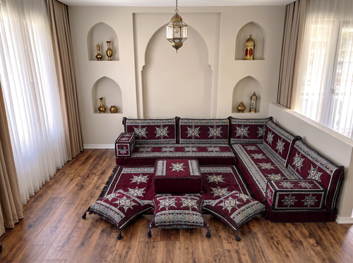 Ensemble de canapé en forme de L d'une épaisseur de 4'', canapé d'angle arabe au sol, canapé turc bleu marine en forme de L, coussins orientaux de sol, Majlis arabe, canapé traditionnel de salon, ensemble Jalsa arabe