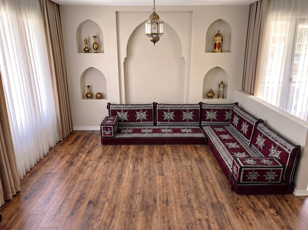 Ensemble de canapé en forme de L d'une épaisseur de 4'', canapé d'angle arabe au sol, canapé turc bleu marine en forme de L, coussins orientaux de sol, Majlis arabe, canapé traditionnel de salon, ensemble Jalsa arabe