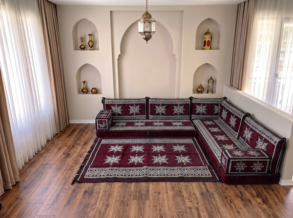 Ensemble de canapé en forme de L d'une épaisseur de 4'', canapé d'angle arabe au sol, canapé turc bleu marine en forme de L, coussins orientaux de sol, Majlis arabe, canapé traditionnel de salon, ensemble Jalsa arabe