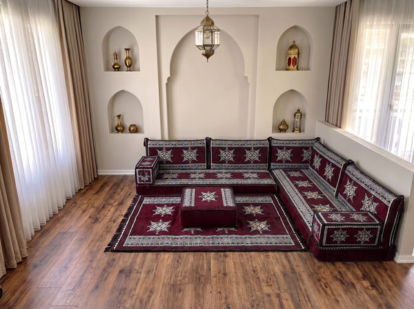 Ensemble de canapé en forme de L d'une épaisseur de 4'', canapé d'angle arabe au sol, canapé turc bleu marine en forme de L, coussins orientaux de sol, Majlis arabe, canapé traditionnel de salon, ensemble Jalsa arabe