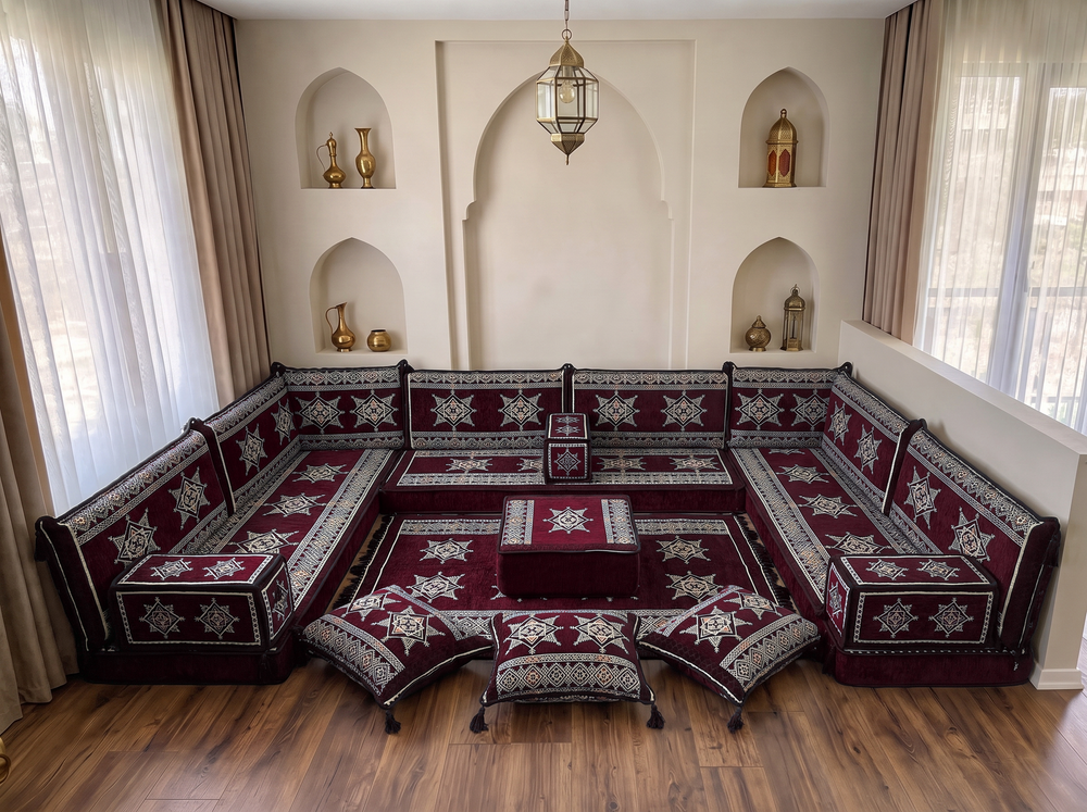 U-förmige bordeauxrote Bodenkissen, modernes arabisches Majlis-Set, Bodensofa-Set, ethnisches Sofa, arabische Jalsa, marokkanisches Sofa