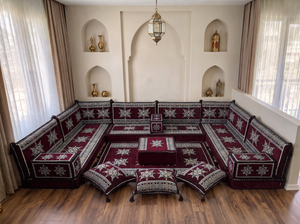 Coussins de sol bordeaux en forme de U, ensemble de Majlis arabes modernes, ensemble de canapés de sol, canapé ethnique, Jalsa arabe, canapé marocain