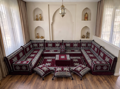 Coussins de sol bordeaux en forme de U, ensemble de Majlis arabes modernes, ensemble de canapés de sol, canapé ethnique, Jalsa arabe, canapé marocain