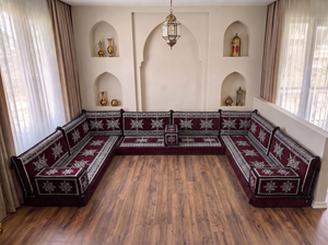 Coussins de sol bordeaux en forme de U, ensemble de Majlis arabes modernes, ensemble de canapés de sol, canapé ethnique, Jalsa arabe, canapé marocain