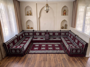 Coussins de sol bordeaux en forme de U, ensemble de Majlis arabes modernes, ensemble de canapés de sol, canapé ethnique, Jalsa arabe, canapé marocain