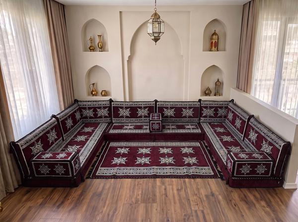 Coussins de sol bordeaux en forme de U, ensemble de Majlis arabes modernes, ensemble de canapés de sol, canapé ethnique, Jalsa arabe, canapé marocain