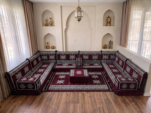 Coussins de sol bordeaux en forme de U, ensemble de Majlis arabes modernes, ensemble de canapés de sol, canapé ethnique, Jalsa arabe, canapé marocain