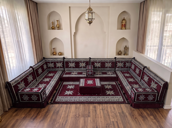 Coussins de sol bordeaux en forme de U, ensemble de Majlis arabes modernes, ensemble de canapés de sol, canapé ethnique, Jalsa arabe, canapé marocain