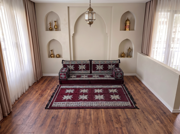 Maroon Star Flare: Single Floor Sofa Set – Arabic Jalsa Seating – Moroccan Style Sofa – Handmade Arabic Majlis Cushions