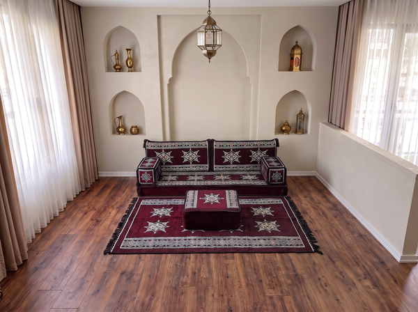 Maroon Star Flare: Single Floor Sofa Set – Arabic Jalsa Seating – Moroccan Style Sofa – Handmade Arabic Majlis Cushions