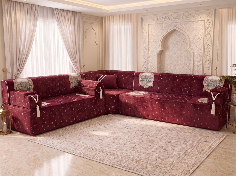 Red Majlis Sofa – Modular Floor Sofa Set – Velvet Moroccan Seating – Sectional Sofa – Luxury Floor Seating Couch