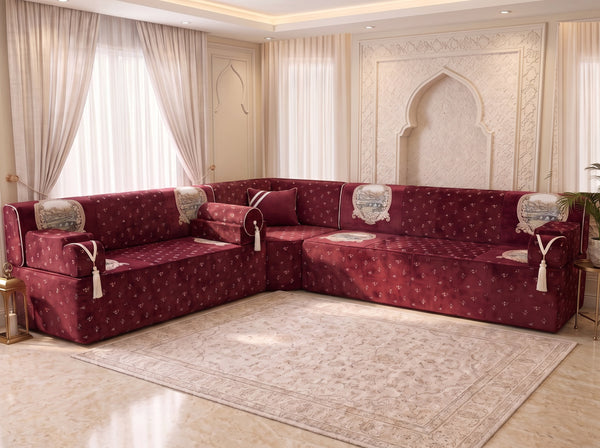Red Majlis Sofa – Modular Floor Sofa Set – Velvet Moroccan Seating – Sectional Sofa – Luxury Floor Seating Couch