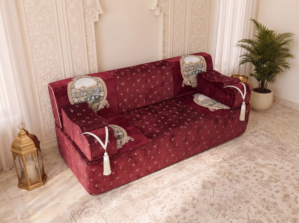 Red Majlis Sofa – Modular Floor Sofa Set – Velvet Moroccan Seating – Sectional Sofa – Luxury Floor Seating Couch