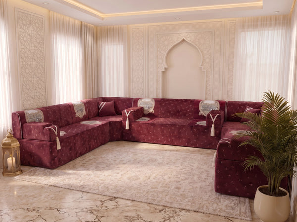 Red Majlis Sofa – Modular Floor Sofa Set – Velvet Moroccan Seating – Sectional Sofa – Luxury Floor Seating Couch