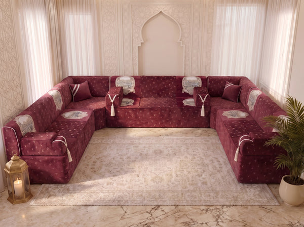 Red Majlis Sofa – Modular Floor Sofa Set – Velvet Moroccan Seating – Sectional Sofa – Luxury Floor Seating Couch