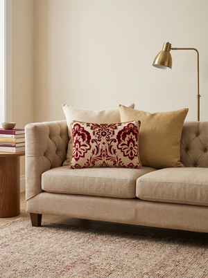 Burgundy Rose: Fleur-de-Lis Damask Cushion – Lumbar – Cord Piping