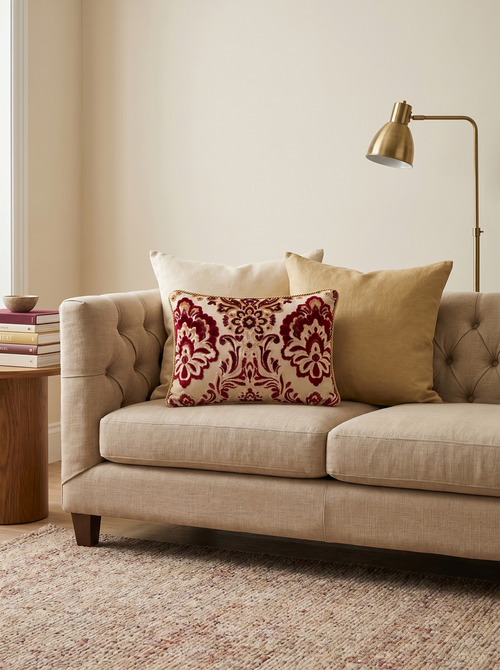 Burgundy Rose: Fleur-de-Lis Damask Cushion – Lumbar – Cord Piping