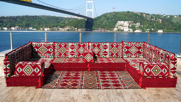 U Shaped Arabic Sofa Set, Maroon Floor Couches, Terrace Pallet Sofa, Sectional Sofas, Floor Cushions