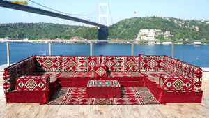 U Shaped Arabic Sofa Set, Maroon Floor Couches, Terrace Pallet Sofa, Sectional Sofas, Floor Cushions