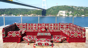 U Shaped Arabic Sofa Set, Maroon Floor Couches, Terrace Pallet Sofa, Sectional Sofas, Floor Cushions