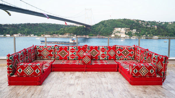 4" Thickness Premium Arabic Sofa Set, Red U Shaped Floor Sofa Set, Arabic Seating Sofa, Arabic Jalsah