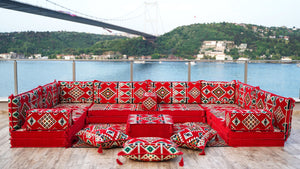 4" Thickness Premium Arabic Sofa Set, Red U Shaped Floor Sofa Set, Arabic Seating Sofa, Arabic Jalsah