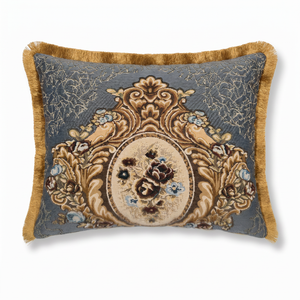 Grey Blue Cherub Cameo: Ornate Damask Lumbar Cushion – Filigree Embroidered – Corded Edge