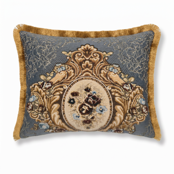 Grey Blue Cherub Cameo: Ornate Damask Lumbar Cushion – Filigree Embroidered – Corded Edge
