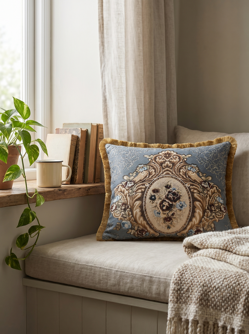 Grey Blue Cherub Cameo: Ornate Damask Lumbar Cushion – Filigree Embroidered – Corded Edge