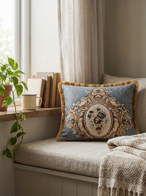 Grey Blue Cherub Cameo: Ornate Damask Lumbar Cushion – Filigree Embroidered – Corded Edge