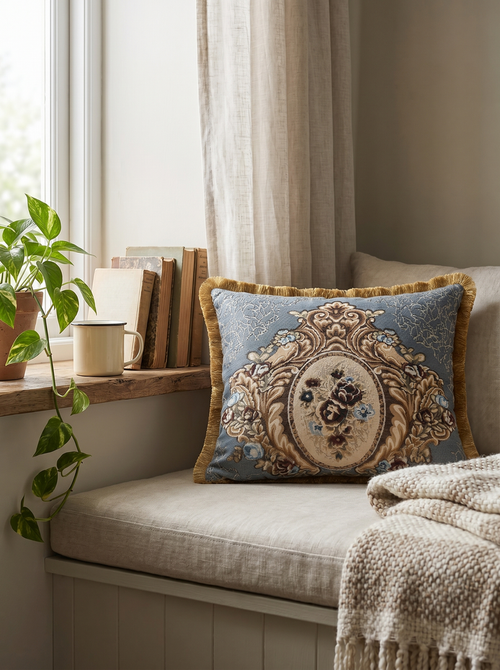Grey Blue Cherub Cameo: Ornate Damask Lumbar Cushion – Filigree Embroidered – Corded Edge