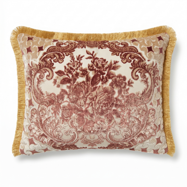 Burgundy Claret Memory: Arabesque Damask Pillow Cover – Jacquard Lumbar – Twisted Cord Trim