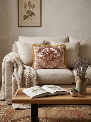 Burgundy Claret Memory: Arabesque Damask Pillow Cover – Jacquard Lumbar – Twisted Cord Trim