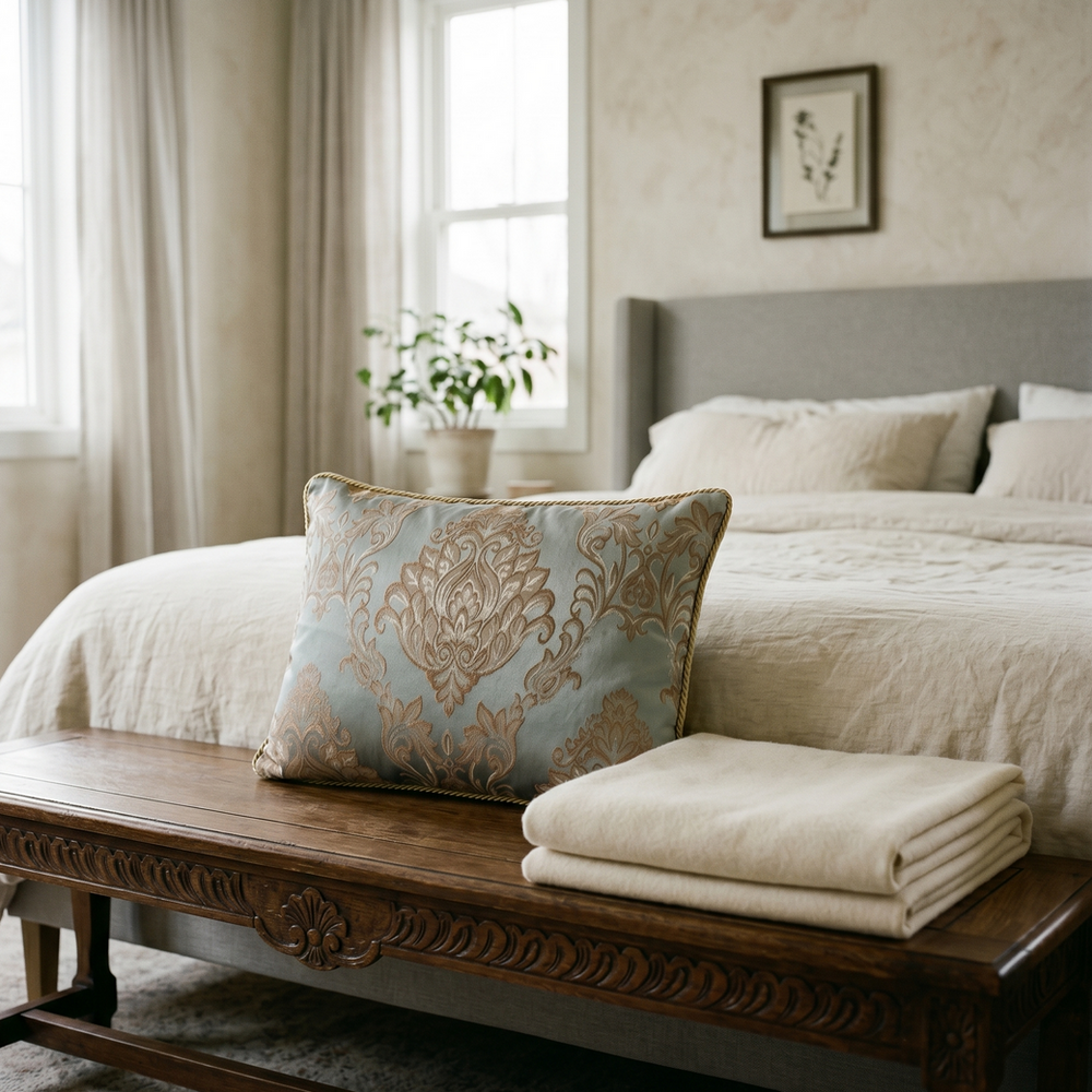 Mint Coastal Damask: Victorian Lumbar Pillow Cover – Damask Embroidered – Cord Trim