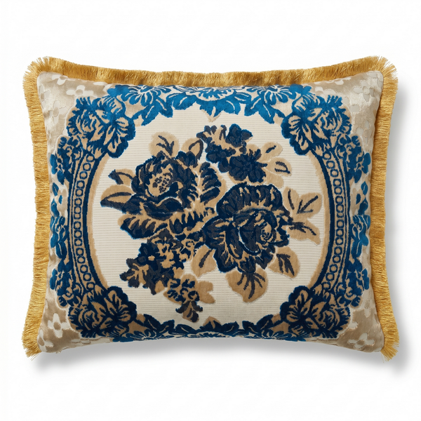 Cobalt Rose: Acanthus Scroll Lumbar Pillow – Baroque Damask – Embroidered Cover